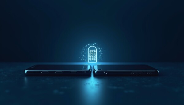 Two smartphones transferring data between old and new phone