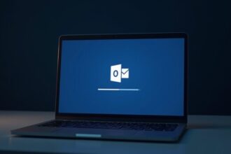 Laptop showing Microsoft Outlook running slowly with loading indicator