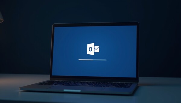 Laptop showing Microsoft Outlook running slowly with loading indicator