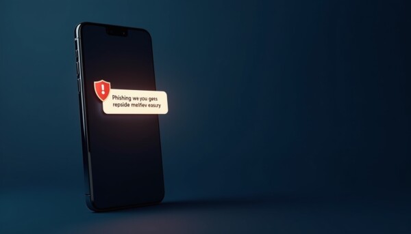 Smartphone showing a suspicious phishing text message with security warning