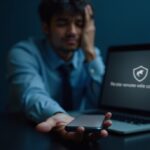 Person discovering a lost work phone with remote wipe screen visible on laptop