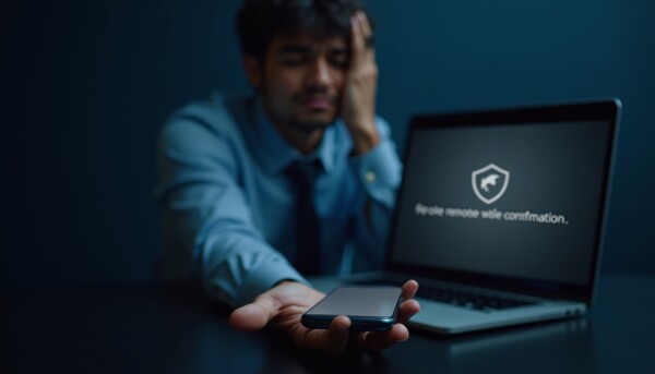 Person discovering a lost work phone with remote wipe screen visible on laptop