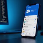 iPhone showing Microsoft 365 apps including Outlook and Teams set up for business