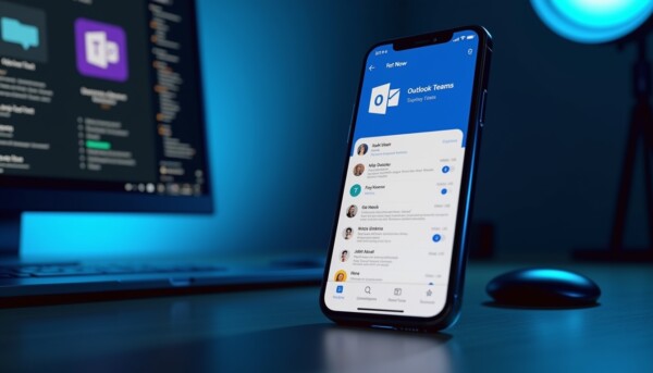iPhone showing Microsoft 365 apps including Outlook and Teams set up for business